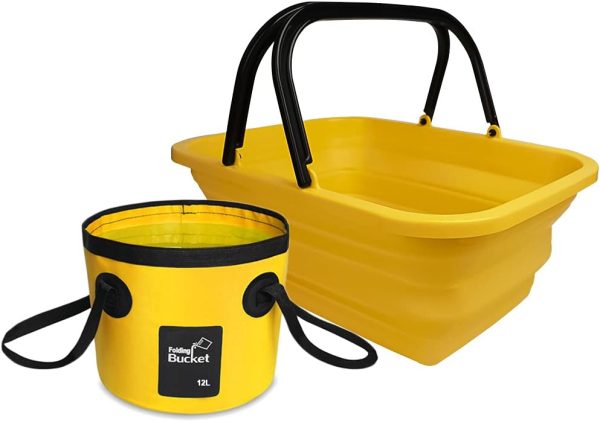 2 Pack Camping Collapsible Bucket with 3 Gal/12L, Foldable Wash Basin for Washing Dishes Yellow