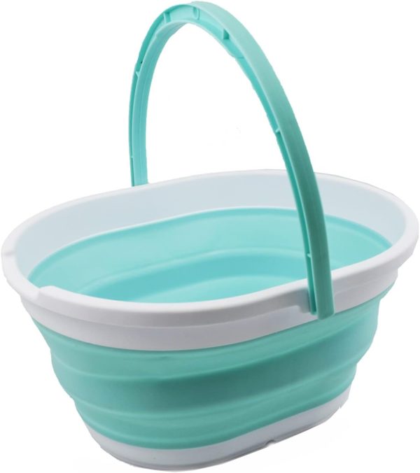 Collapsible Plastic Bucket with Handle 11L (2.9 Gallon) - Portable Outdoor Picnic tub/Container - Foldable Basin for Washing Dishes, Camping, Hiking (White/Lake Green)