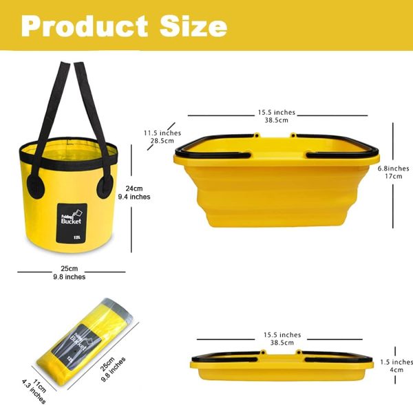 2 Pack Camping Collapsible Bucket with 3 Gal/12L, Foldable Wash Basin for Washing Dishes Yellow