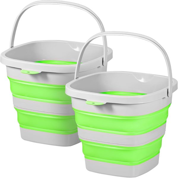 2 Pack 2.6 Gallon(10L) Collapsible Plastic Buckets with Handle Compact Cleaning Square Storage Bucket Portable Water Tub Outdoor Water Pail for Garden Hiking Fishing Camping (Green)