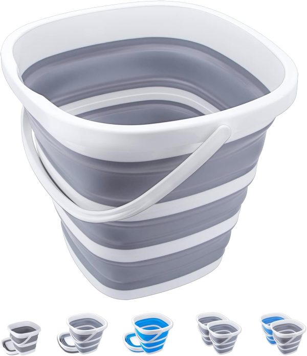 Collapsible Bucket 10L 2.6 Gallon Cleaning Bucket Mop Bucket Folding Foldable Portable Small Plastic Water Supplies for Outdoor Garden Camping Fishing Car Wash Space Saving Grey Square