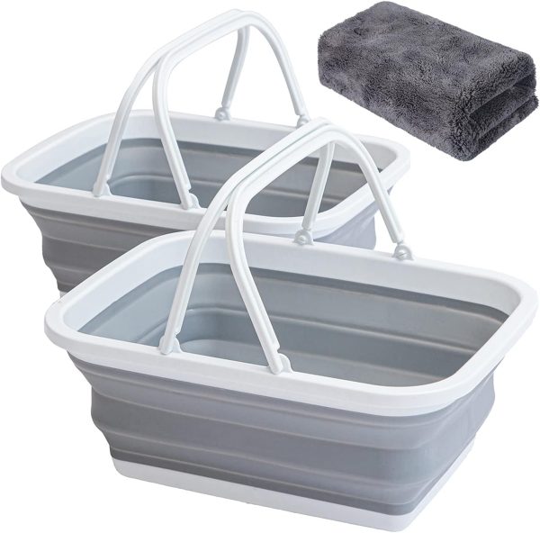 2 Pack Collapsible Sink with Handle Towel, 2.37 Gal / 9L Foldable Wash Basin for Washing Dishes, Camping, Hiking and Home Gray