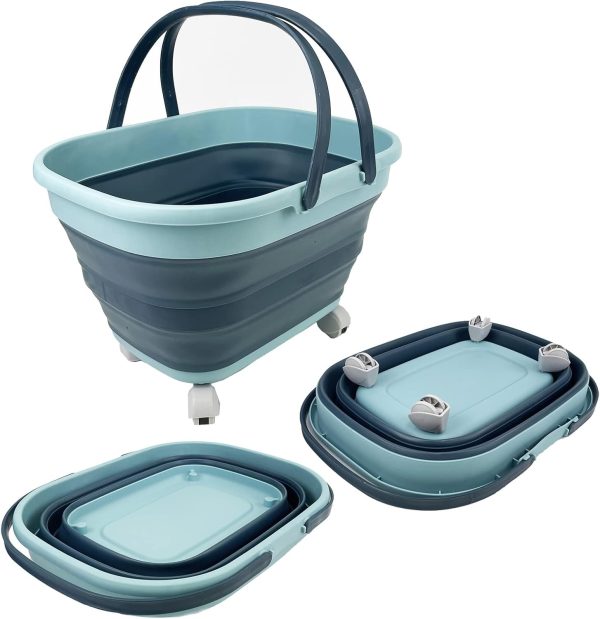 17L (4.5 Gallon) Collapsible Basket with Handle-Portable Outdoor Picnic Basket/Crate with 360˚ Rotating Wheels-Foldable Space Saving Storage Container (Lake Blue/Leaf Blue)