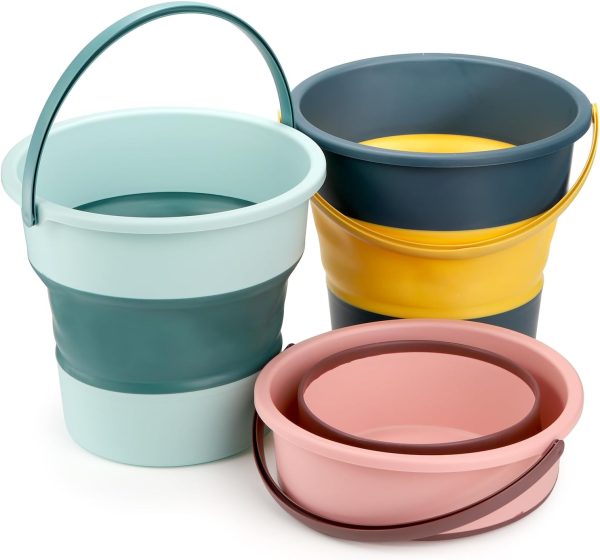 3 Pack Collapsible Plastic Bucket, 2.6 Gallon/10L Foldable Round Tub with Handle, Folding Portable Fishing Water Pail, Space Saving Outdoor Waterpot for Garden Camping Car Mop Cleaning Beach