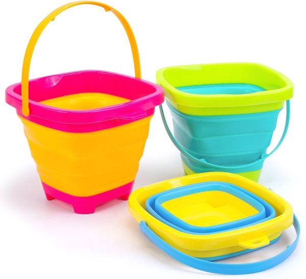 3Packs Foldable Pail Bucket, 2L Silicone Collapsible Beach Toys Bucket for Kids, Multi Purpose for Fun Summer Activities, Camping Gear, Beach Essentials