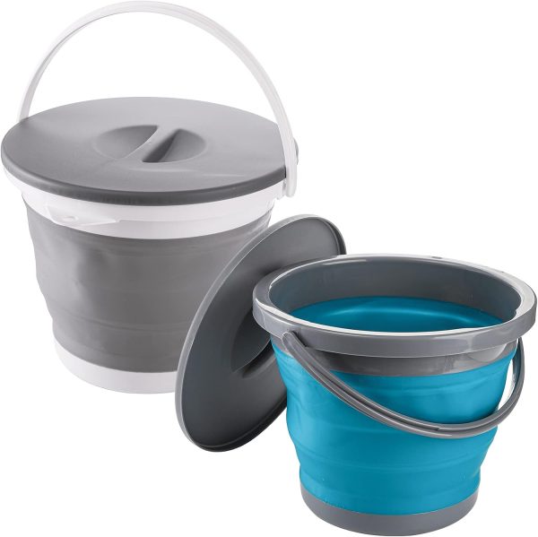 2 Pack Collapsible Plastic Bucket with Locking Lid, 5L / 1.32 Gallon Foldable Round Tub Portable Fishing Water Pail for Hiking, Backpacking, Camping and Outdoor Survival (Blue, Gray)