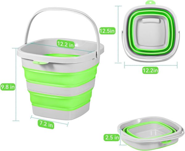 2 Pack 2.6 Gallon(10L) Collapsible Plastic Buckets with Handle Compact Cleaning Square Storage Bucket Portable Water Tub Outdoor Water Pail for Garden Hiking Fishing Camping (Green) - Image 2