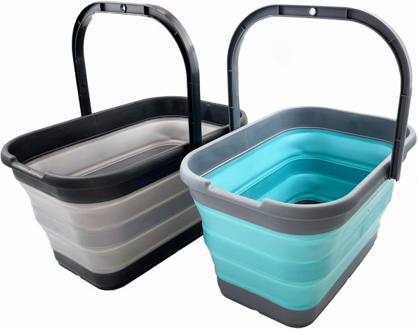 12L (3.1 Gallon) Collapsible Rectangular Handy Bucket/Multiuse Foldable Water Pail for Camping, Fishing (Alloy Grey + Crystal Blue (Set of 2))