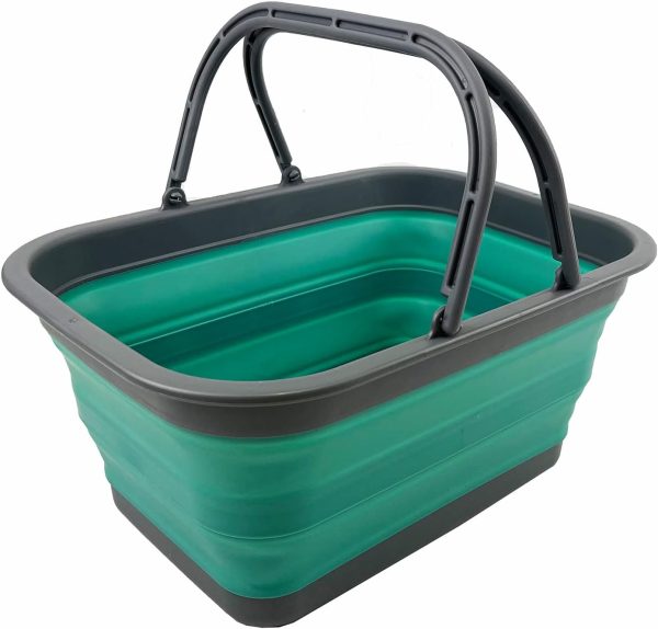 Collapsible Tub with Handle 12L (3.17 Gallon) - Portable Outdoor Picnic Basket/Crate - Foldable Storage Container for Dishes Washing, Camping and Home (Grey/Turquoise Blue)