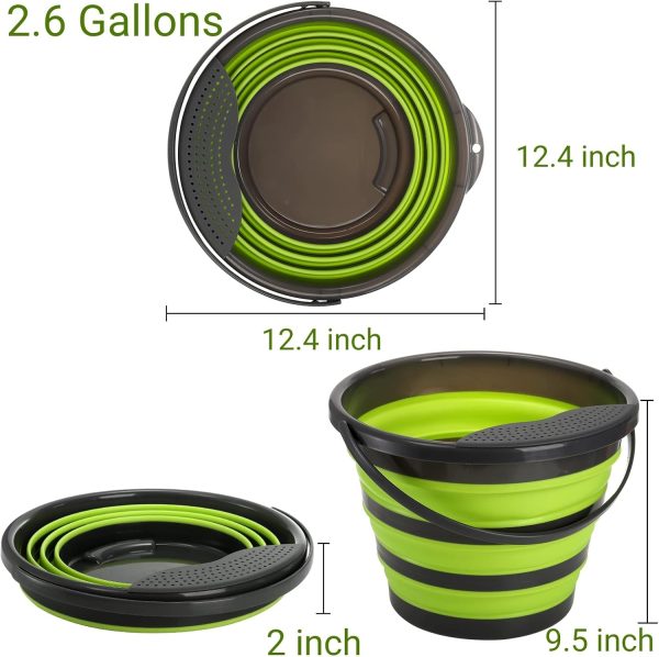 2 Pack Collapsible Bucket, 2.6 Gallon Foldable Round Tub with Removable Filter, Gardening Bucket for Watering Cleaning, Space Saving Outdoor Waterpot for Camping, Car Wash, Fishing Water Pail