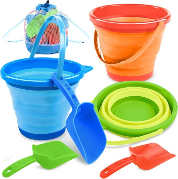 3 Packs Foldable Pail Bucket with Shovels & Mesh Bag, Collapsible Buckets Multi Purpose for Beach, Camping Gear, Beach Party, Fishing, and Fun Summer Activities (Orange/Blue/Green)